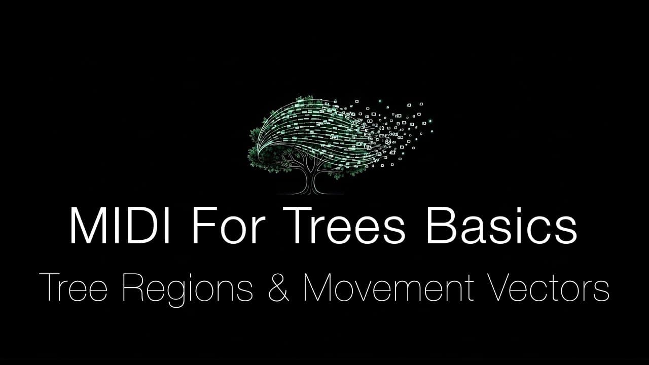Title card for the MIDI For Trees walkthrough: a wireframe tree in channel green, its canopy breaking up into scattered data squares against black.