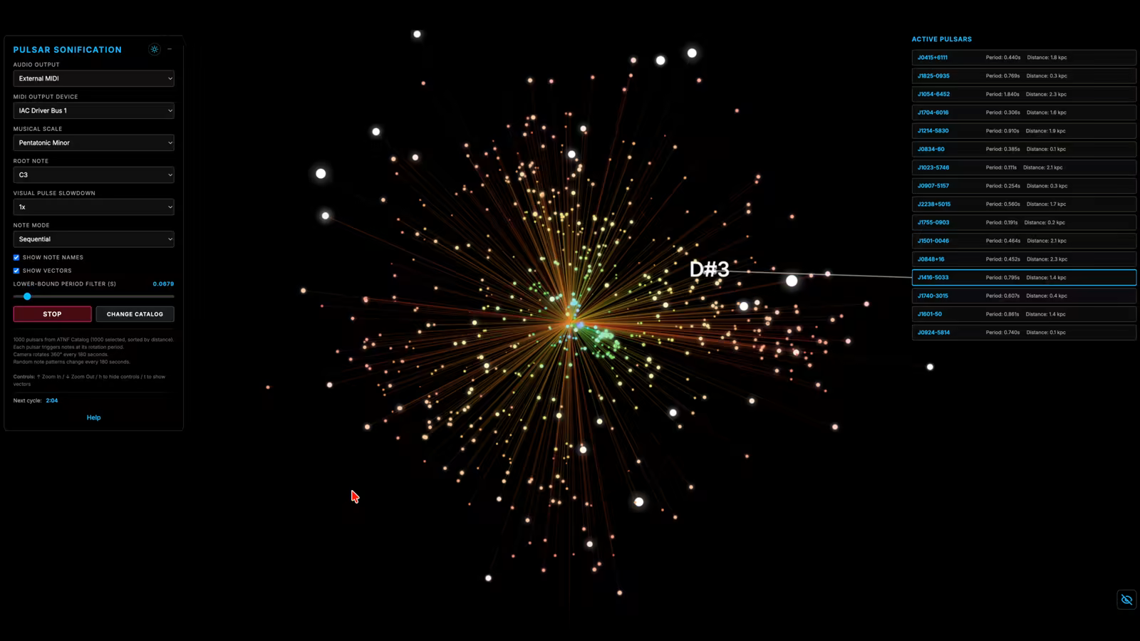 Pulsar Sonification plotting a field of pulsars radiating from the galactic centre, one highlighted with the note D sharp 3 and a vector drawn to it, beside a list of active pulsars with their rotation periods and distances in kiloparsecs.