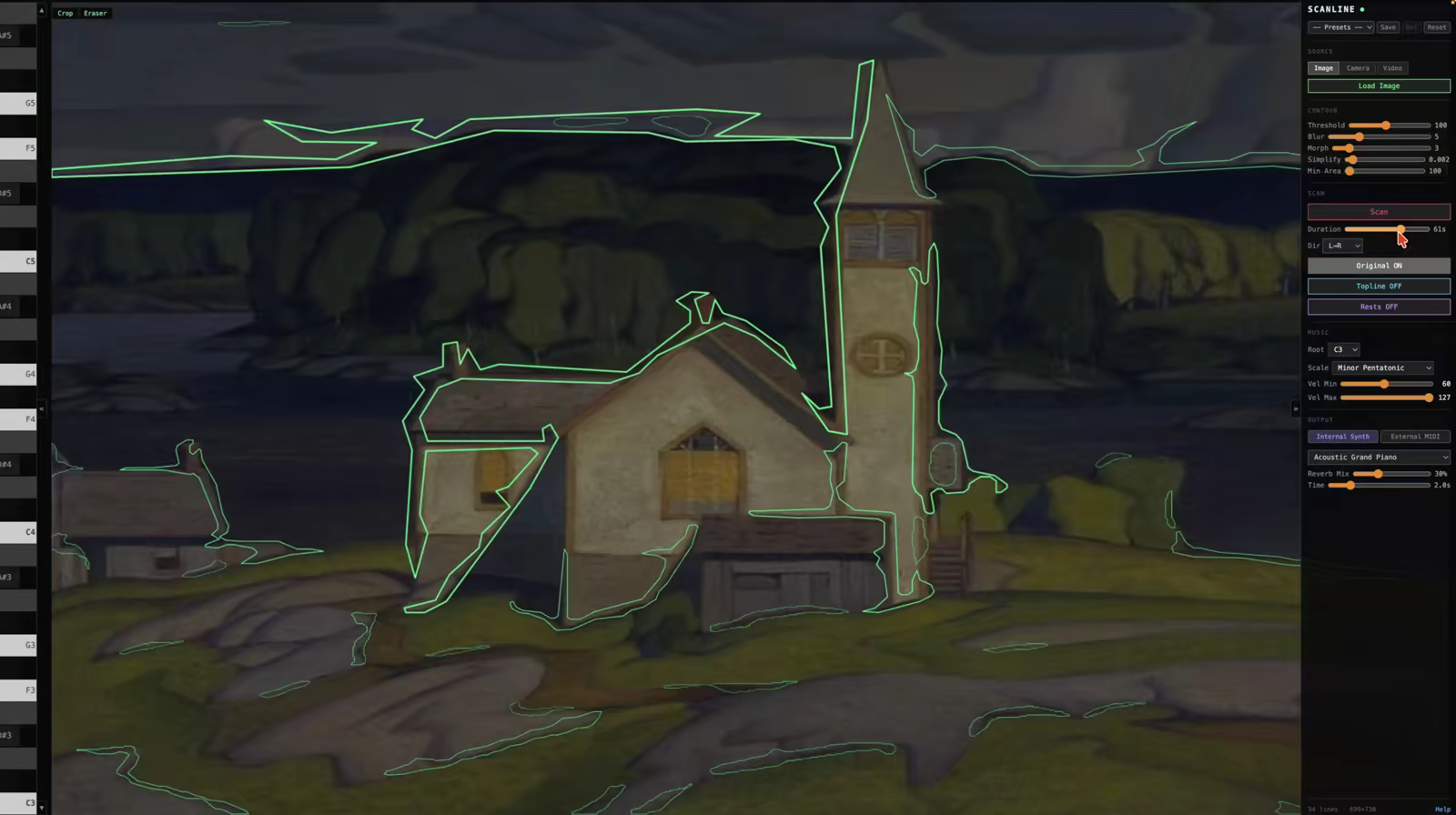 Scanline tracing green contours around a church and boathouse in a painting, with a note ladder from C3 upward down the left edge and controls for threshold, scan direction, root note and minor pentatonic scale on the right.